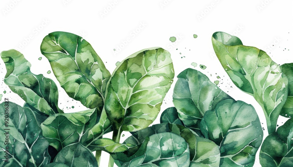 Watercolor illustration of vibrant green leafy vegetables on a white background Watercolor illustration of vibrant green leafy vegetables on a white background