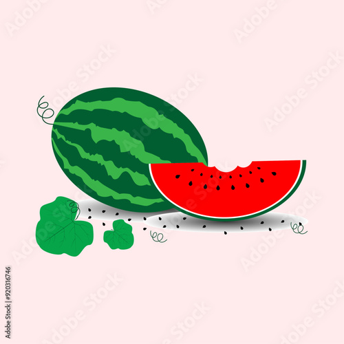 Watermelon and Tasty Sliced Watermelon with Seeds Isolated on Light Pink Background. Fresh Ripe Watermelon Summer Wallpaper Vector Design