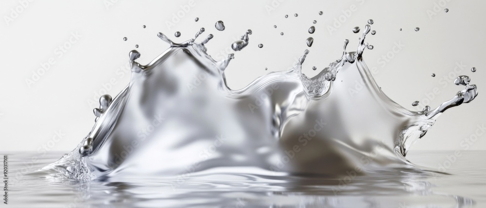 A silver liquid splash with droplets forming in the air on a white background. A silver liquid splash with droplets forming in the air on a white background.