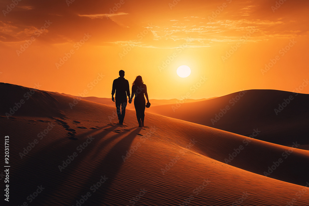 Silhouette of a romantic couple walking along the desert sand, showcasing family relationships and friendship between a man and a woman. Silhouette of a romantic couple walking along the desert sand, showcasing family relationships and friendship between a man and a woman.