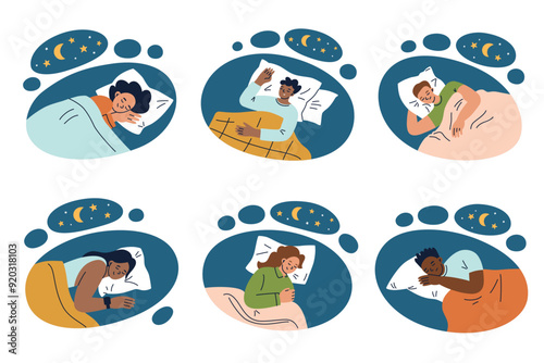 Vector illustration set of cartoon images with diverse people peacefully sleeping at night. Cozy, tranquil sleep position under a starry sky and crescent moon, relaxation and restfulness