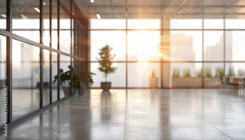 Bright sunlight streaming through large windows in an open office space at sunset