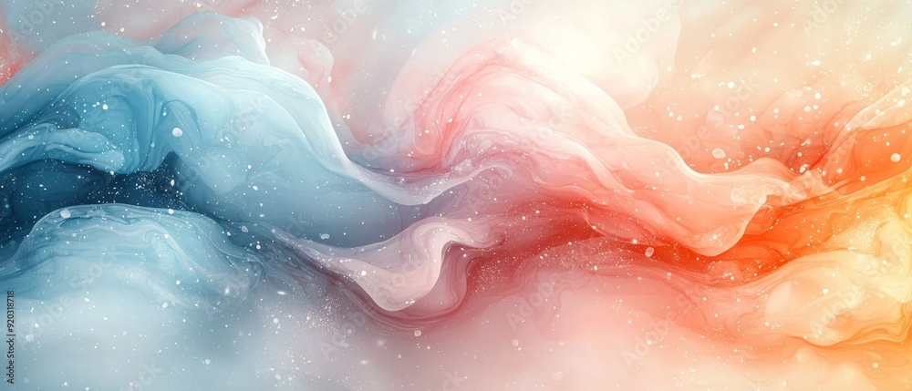 Obraz premium Abstract fluid art with blue, pink, and orange swirling colors and white glitter.