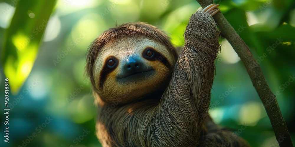 Fototapeta premium An intimate close-up of a sloth hanging from a branch in a tropical forest, side view, with a lush green background.