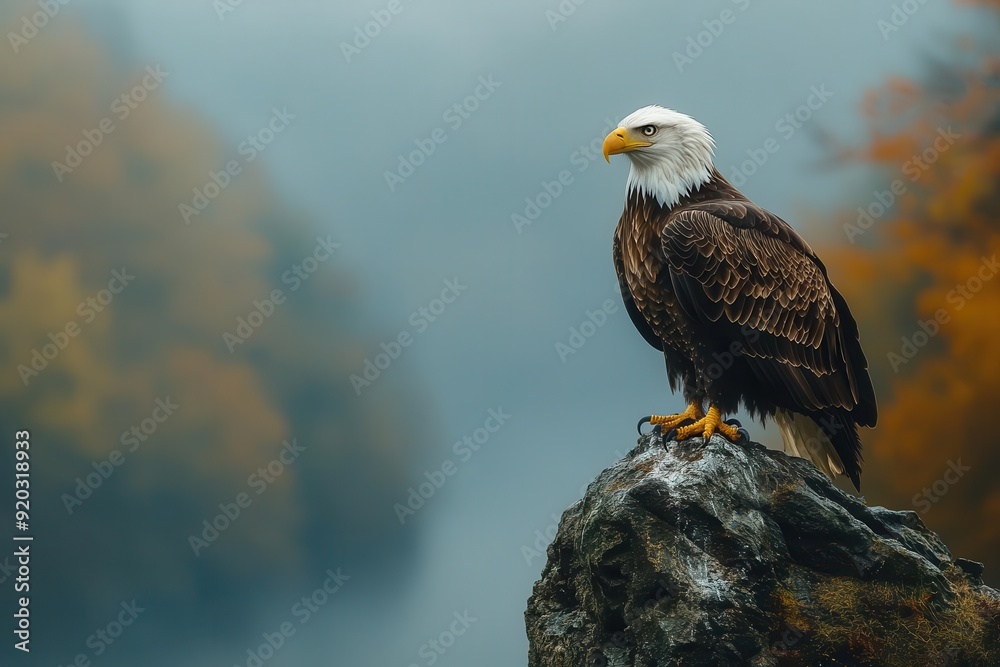 Fototapeta premium An intimate close-up of an eagle perched on a cliffside, focusing on the sharp eyes against a blurred background.