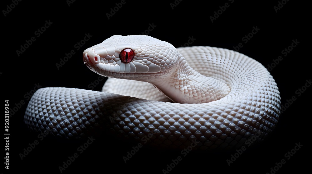 Fototapeta premium Albino Snake: An albino snake with pure white scales and striking red eyes, set against a dark background. 
