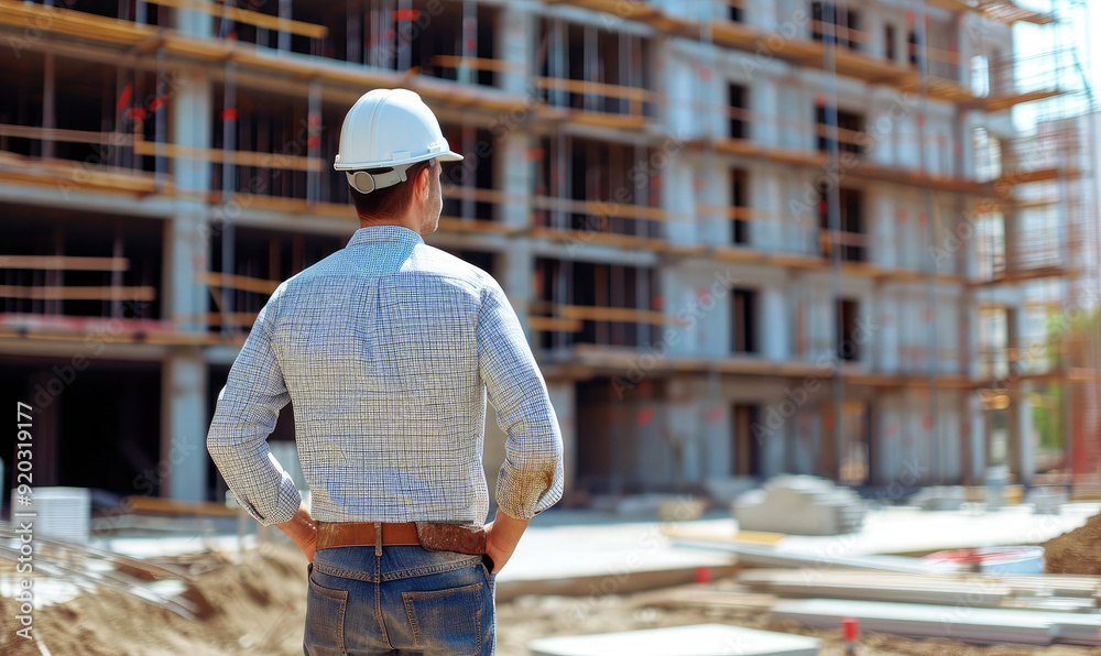 Engineer standing and supervising construction work The background is a building under construction