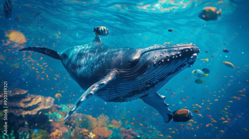 Fototapeta premium A whale swimming underwater, with rays of sunlight shining through the water surface. Whale in the deep blue ocean