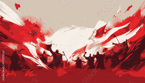 background illustration with the theme of struggle and independence, red and white colors
