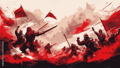 background illustration with the theme of struggle and independence, red and white colors