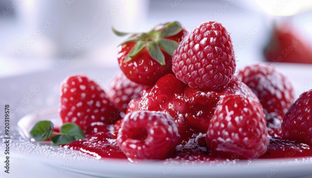 Fresh raspberries and strawberries topped with sauce on a white plate in a bright setting Fresh raspberries and strawberries topped with sauce on a white plate in a bright setting