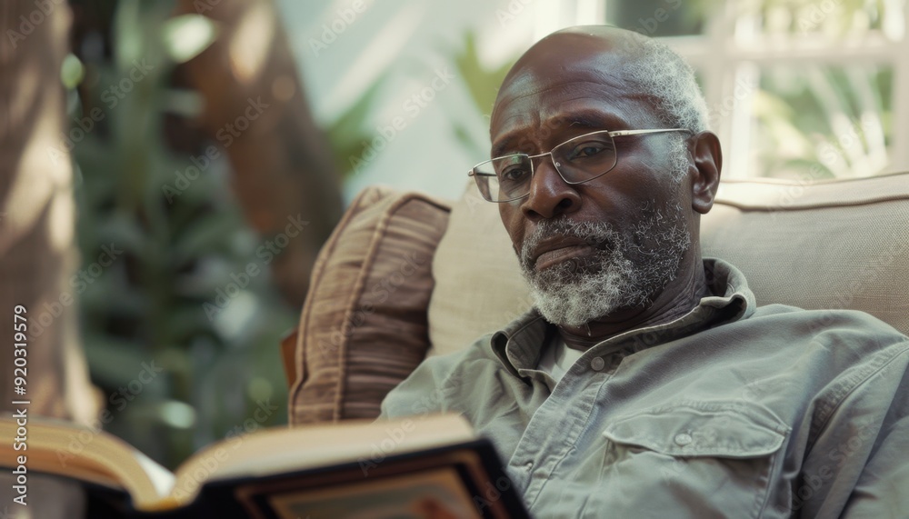 Elderly man reading a book in a serene indoor garden setting on a quiet afternoon