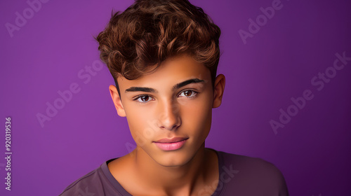 Happy cheerful young latino generation z. Smiling funny ethnic cool generation z teenage student, purple background.