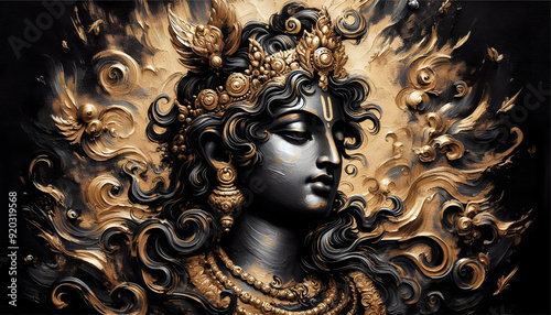 black and golden oil paint brush stroke art of lord krishna