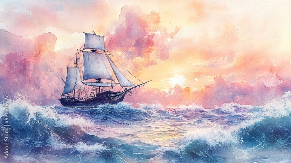 Dreamy pirate ship on a pastel ocean, watercolor art for a child's room, with gentle waves and a whimsical sailboat