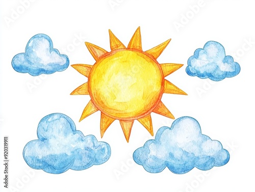 Watercolor Illustration of Sun and Clouds on White Background, Perfect for Summer or Weather Related Designs Generative AI photo