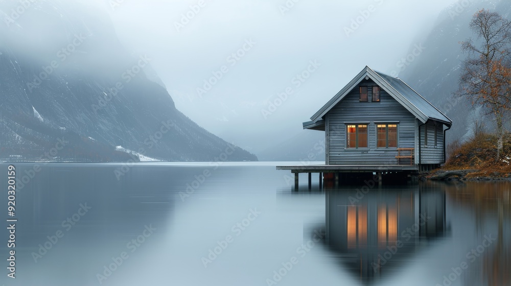 Fototapeta premium Cozy Cabin Nestled in the Serene Fjords of Norway with Snow Capped Mountains and Tranquil Lake
