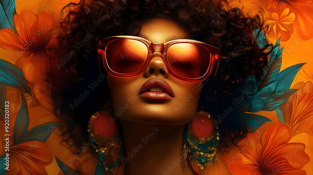 A vibrant portrait of a woman with curly hair, oversized sunglasses, and floral background. A vibrant portrait of a woman with curly hair, oversized sunglasses, and floral background.