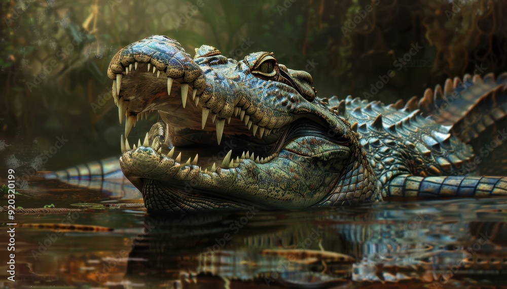 A large croc swims through a dense, murky swamp at dusk surrounded by still water A large croc swims through a dense, murky swamp at dusk surrounded by still water
