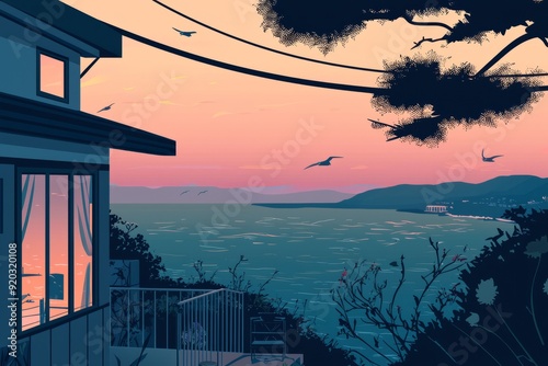A quiet coastal view with distant seagulls and a relaxed, cozy feel. Cozy vibe, Generative AI
