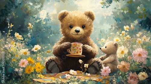 Cute bear enjoying a picnic with friends, surrounded by pastel flowers, watercolor oil painting style, perfect for a child's room decor