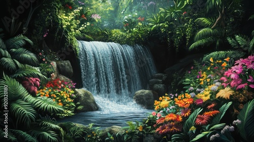 Tropical Waterfall in Lush Rainforest