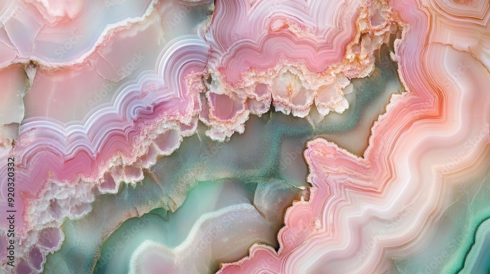 Close-up of a pink and green agate slice with intricate patterns and textures. Close-up of a pink and green agate slice with intricate patterns and textures.