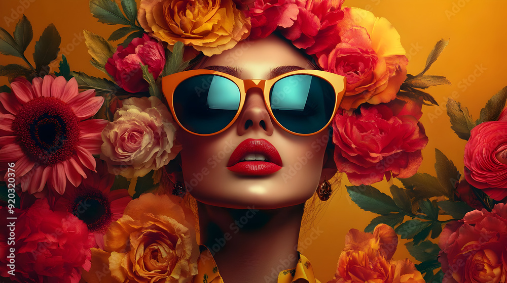 A woman adorned with flowers and sunglasses, exuding a vibrant, fashionable vibe. A woman adorned with flowers and sunglasses, exuding a vibrant, fashionable vibe.