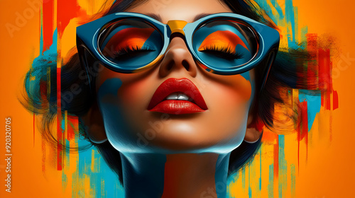 Wallpaper Mural A vibrant portrait of a woman with bold makeup and oversized sunglasses against a colorful backdrop. Torontodigital.ca