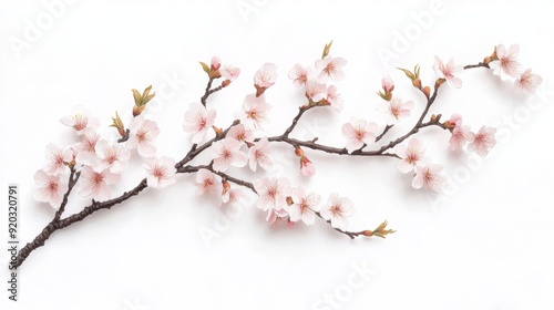 Delicate pink cherry blossom branch with soft petals on a white background.