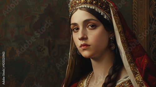 A majestic depiction of Queen Isabella of Castile, rendered with vibrant colors and noble poise in Renaissance art