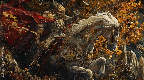 A heroic scene of Sir Bedivere, captured with vivid hues and intricate detail in Renaissance art