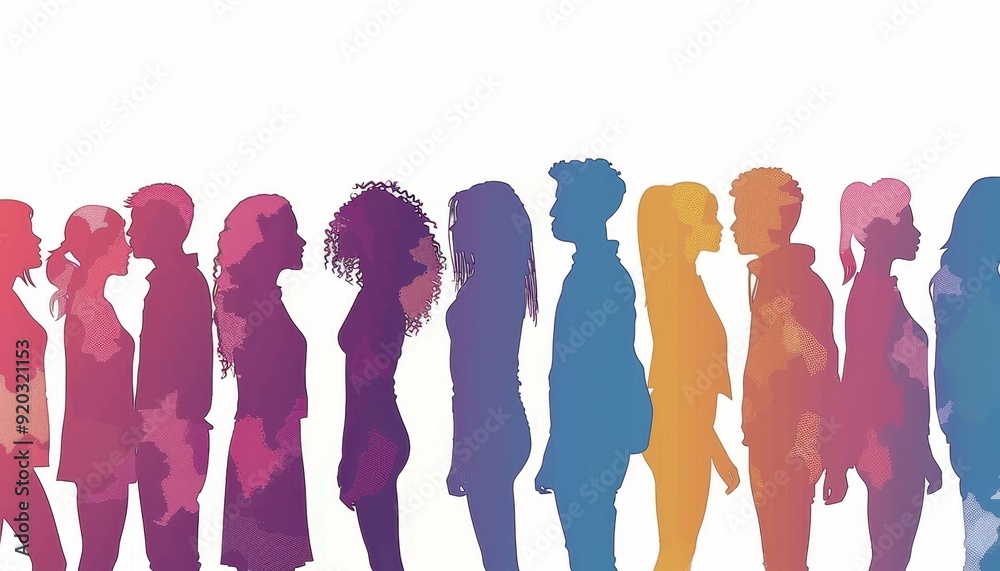 Diverse silhouettes of people standing in a row with colorful gradient design Diverse silhouettes of people standing in a row with colorful gradient design