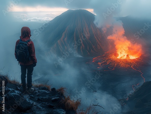 Hikers Exploring the Dramatic Rim of an Active Volcano in Indonesia