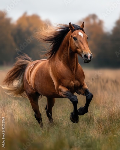 A detailed close-up of a wild horse running in a meadow, side view, the motion captured with a slight blur to convey movement and grace.