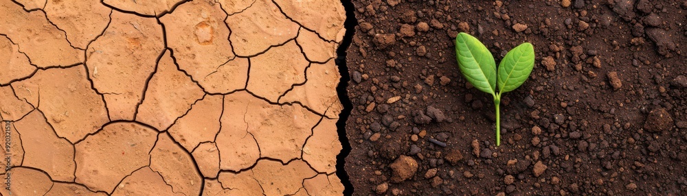 A contrast of dry soil and a green seedling signifies resilience and hope in nature. Ideal for themes of growth and sustainability. A contrast of dry soil and a green seedling signifies resilience and hope in nature. Ideal for themes of growth and sustainability.