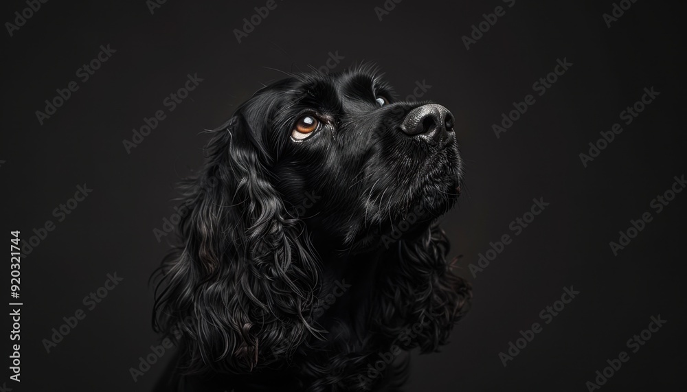 Black cocker spaniel gazing upward against a dark background in a studio setting Black cocker spaniel gazing upward against a dark background in a studio setting