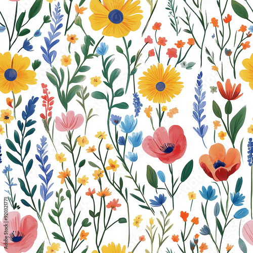 handdrawn painting of cute and beautiful flowers, white background