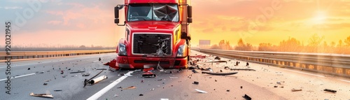 A dramatic scene of a red truck accident on a highway during sunset, showcasing debris and a sense of urgency.