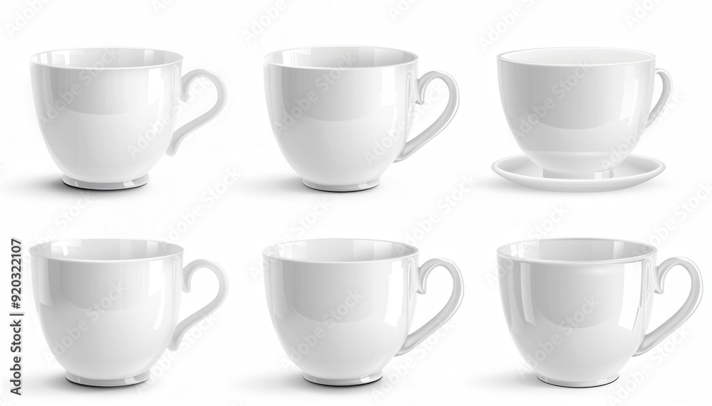 Collection of white ceramic cups displayed in various angles and styles on a light background Collection of white ceramic cups displayed in various angles and styles on a light background