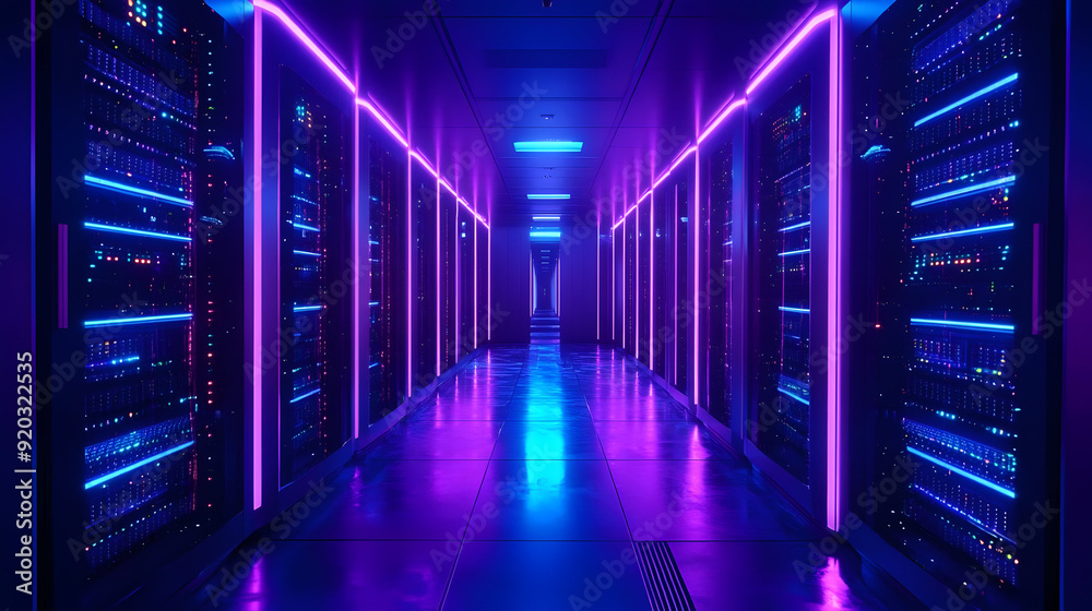 A futuristic data center corridor illuminated with neon lights and server racks.
