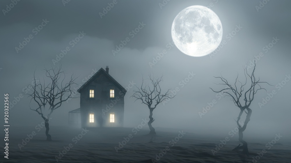 A haunting scene of a lonely house illuminated by moonlight, surrounded by fog and barren trees, evoking mystery and solitude. A haunting scene of a lonely house illuminated by moonlight, surrounded by fog and barren trees, evoking mystery and solitude.