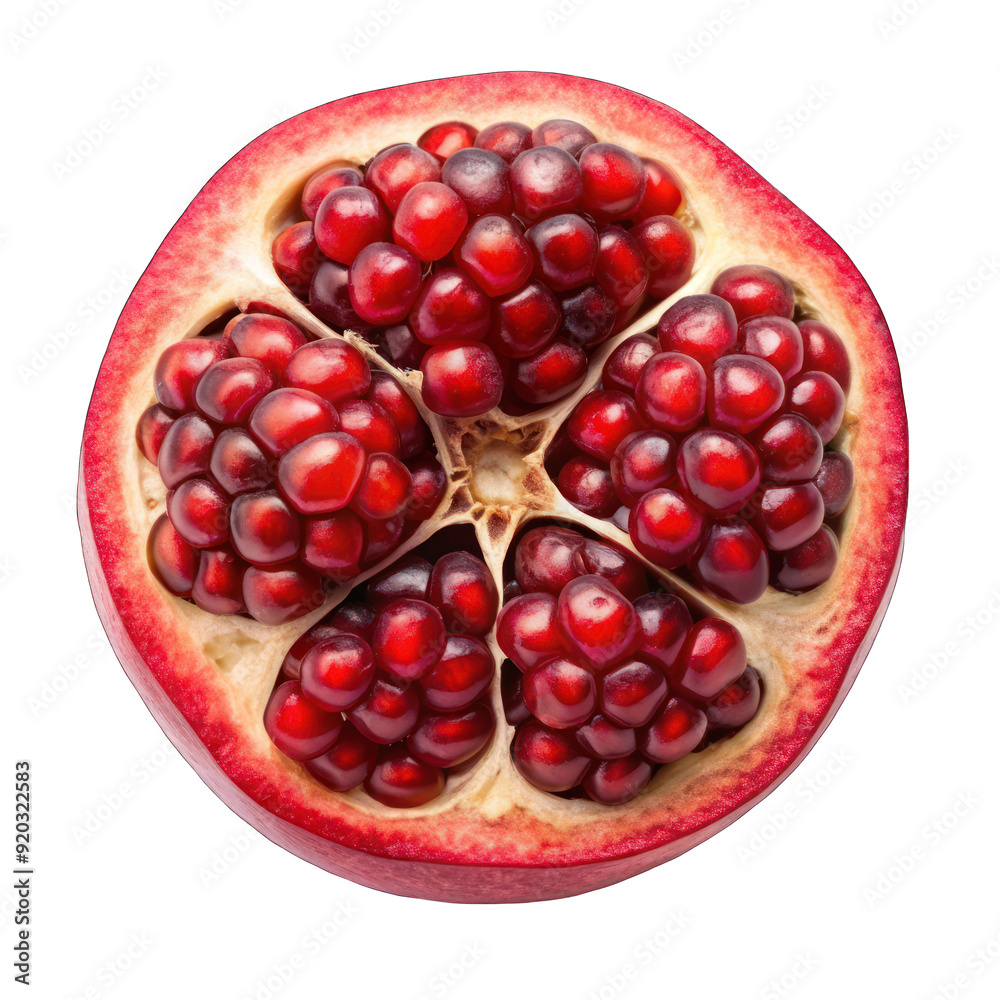 A half cut pomegranate with seeds top view isolated on transparent background A half cut pomegranate with seeds top view isolated on transparent background
