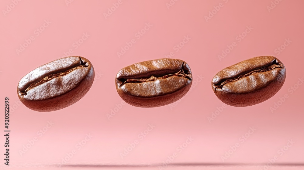 Three coffee beans floating against a light pink background.