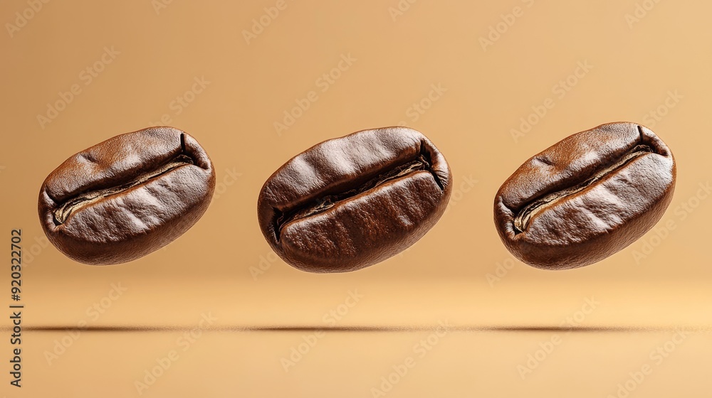 Three roasted coffee beans floating on a beige background.