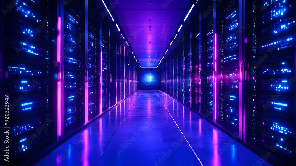 A futuristic server room illuminated with blue and purple lights. A futuristic server room illuminated with blue and purple lights.