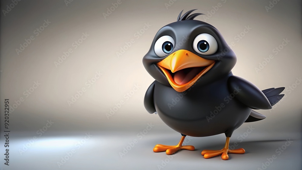 Cartoonish black bird with big smile standing on gray background, bird, cartoon, smile, happy, joyful, cheerful, cute, character