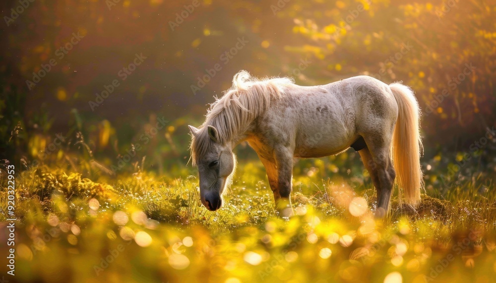 A white horse grazing in a sunlit field during autumn evening A white horse grazing in a sunlit field during autumn evening