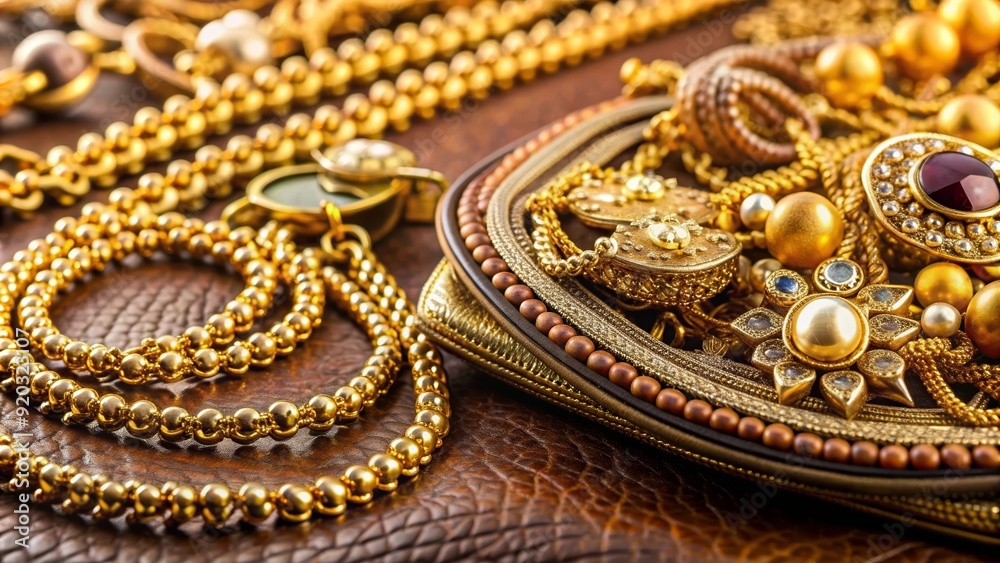 A close-up of a gold necklace and assortment of jewellery in a purse, gold, necklace, jewellery, accessories, fashion A close-up of a gold necklace and assortment of jewellery in a purse, gold, necklace, jewellery, accessories, fashion