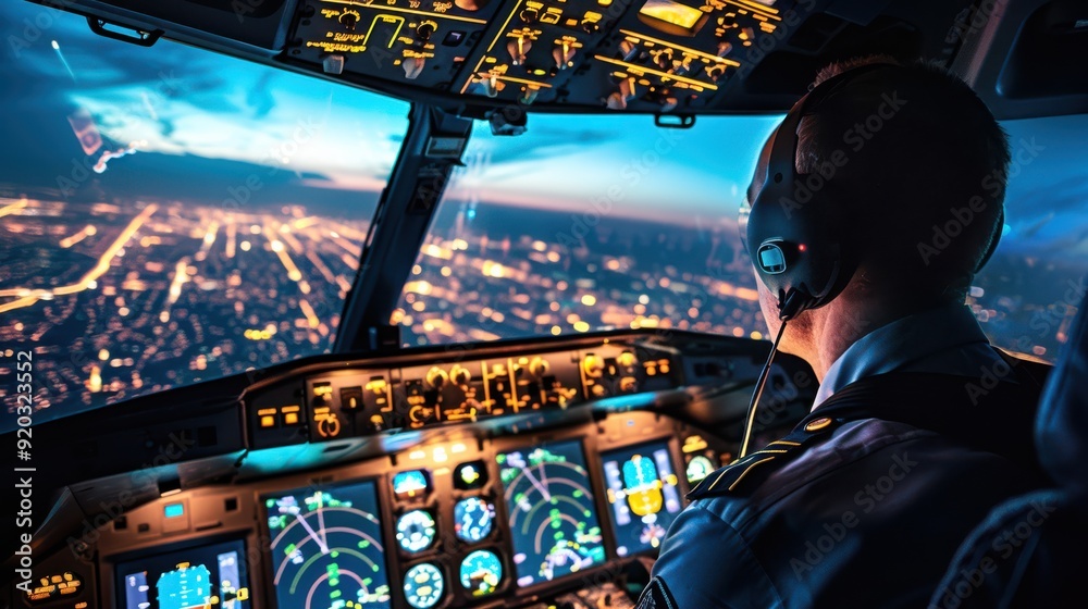 Fototapeta premium A pilot controls an airplane in the cockpit, overlooking a vibrant cityscape at night, showcasing aviation technology and skill.